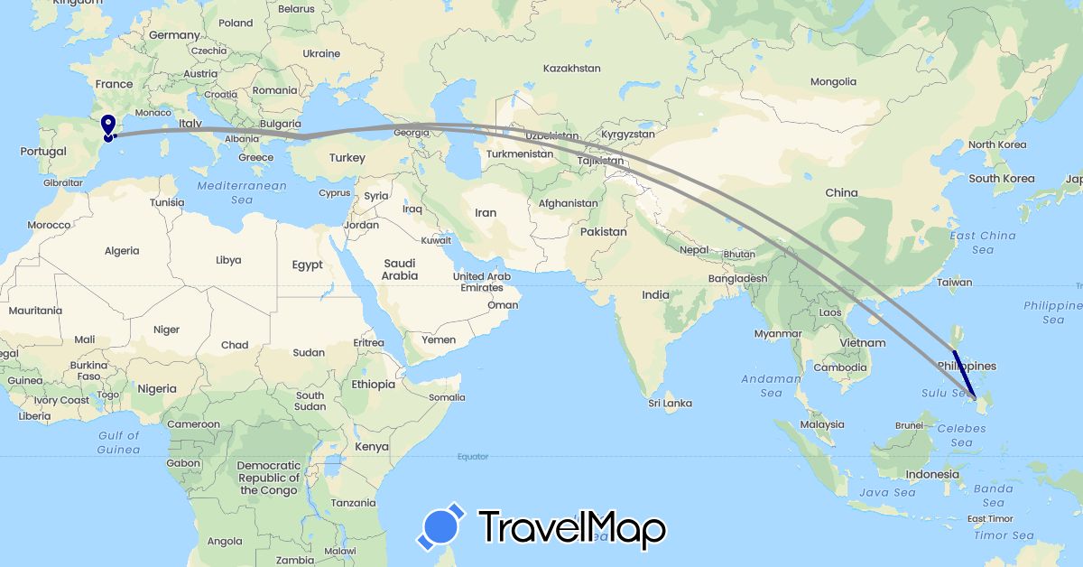 TravelMap itinerary: driving, plane in Spain, Philippines, Turkey (Asia, Europe)